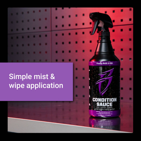 Premium leather conditioner in a spray bottle, designed for easy mist and wipe application for vehicle interiors.