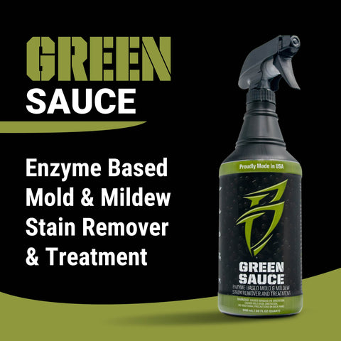 Green Sauce enzyme-based mold and mildew stain remover in a spray bottle, designed for effective cleaning and treatment.