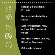 Natural bio-enzymatic cleaner for removing mold and mildew stains from various surfaces without harsh chemicals.