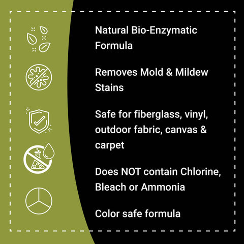 Natural bio-enzymatic cleaner for removing mold and mildew stains from various surfaces without harsh chemicals.