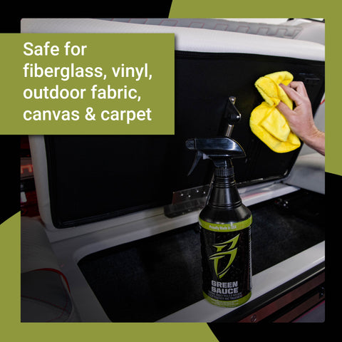 Green Sauce bottle displayed in a vehicle interior, highlighting its safe use on various materials like fiberglass and vinyl.