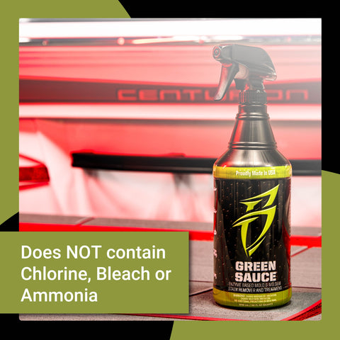 Green Sauce spray bottle for cleaning and detailing, highlighting it is free from chlorine, bleach, and ammonia.