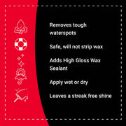 Hot Sauce product features include removing tough water spots, safe for wax, adds gloss sealant, and leaves a streak-free shine.