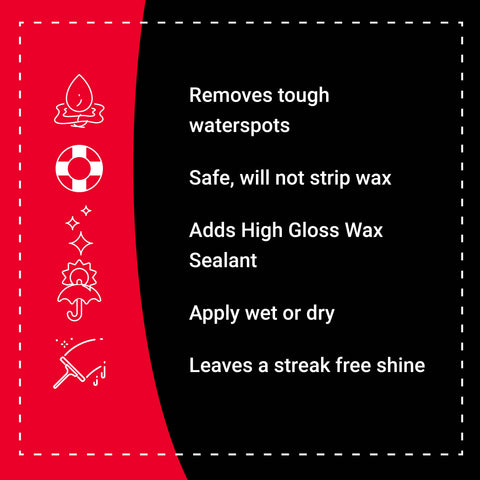 Hot Sauce product features include removing tough water spots, safe for wax, adds gloss sealant, and leaves a streak-free shine.