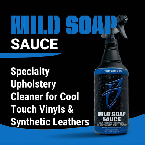 Mild Soap Sauce bottle designed for cleaning upholstery, vinyls, and synthetic leathers, proudly made in the USA.