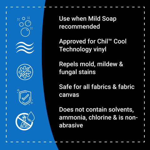 Mild Soap Sauce product details highlighting its safe use on fabrics, mold resistance, and non-abrasive formula.