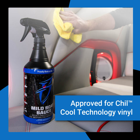 Mild Soap Sauce bottle next to a person cleaning a car interior, designed for Chil Cool Technology vinyl surfaces.