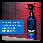 Mild Soap Sauce bottle on a textured background, highlighting its non-abrasive, solvent-free formula for gentle cleaning.