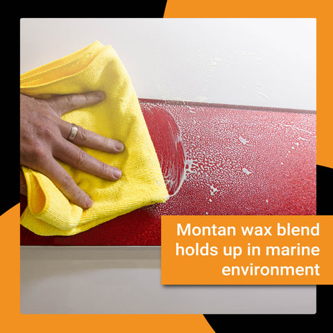 Hand applying Quickie Sauce with a yellow cloth to a shiny surface, showcasing its marine-grade montan wax blend.