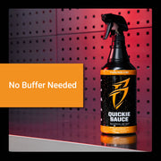 Quickie Sauce spray bottle on a sleek background, highlighting its no-buffer-needed formula for quick vehicle detailing.