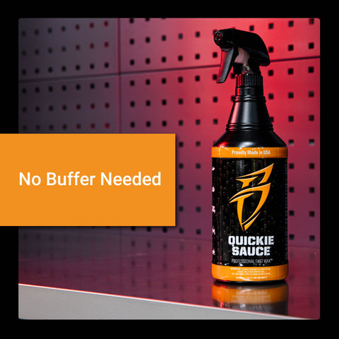 Quickie Sauce spray bottle on a sleek background, highlighting its no-buffer-needed formula for quick vehicle detailing.