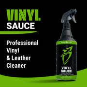 Vinyl Sauce bottle with spray nozzle, labeled as a professional vinyl and leather cleaner, proudly made in the USA.