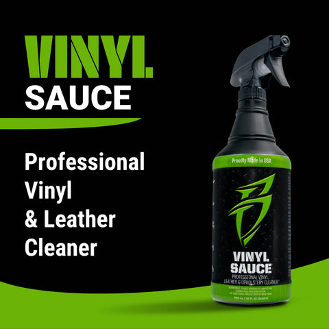 Vinyl Sauce bottle with spray nozzle, labeled as a professional vinyl and leather cleaner, proudly made in the USA.