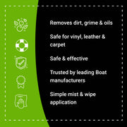 Vinyl Sauce product features highlighting its ability to clean vinyl, leather, and carpet safely and effectively.