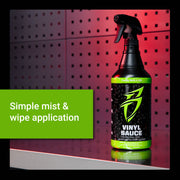 Vinyl Sauce bottle on a reflective surface, showcasing its mist and wipe application for cleaning vinyl surfaces.