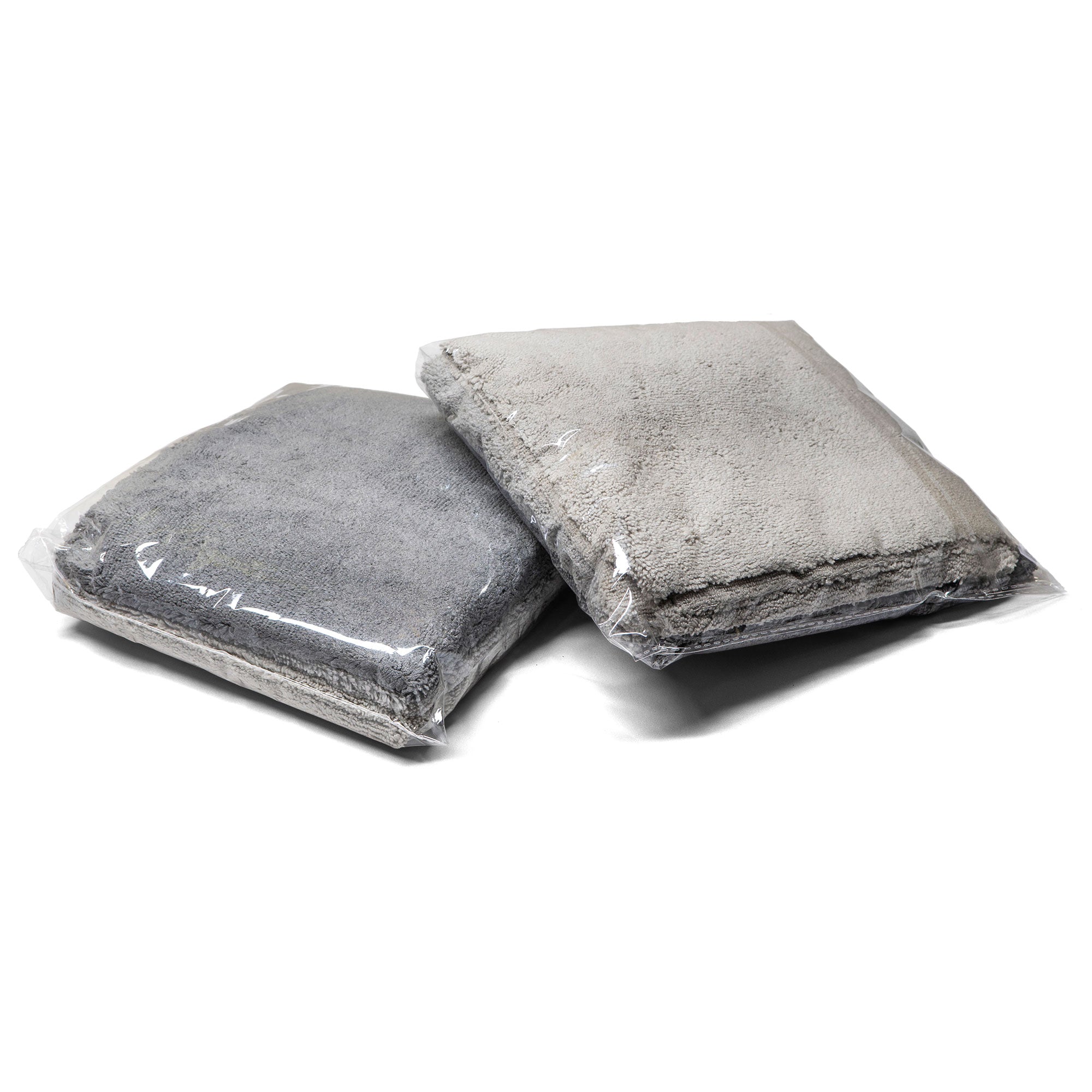Three-pack of grey-shade microfiber towels packaged for vehicle cleaning and detailing, ideal for achieving a professional finish.