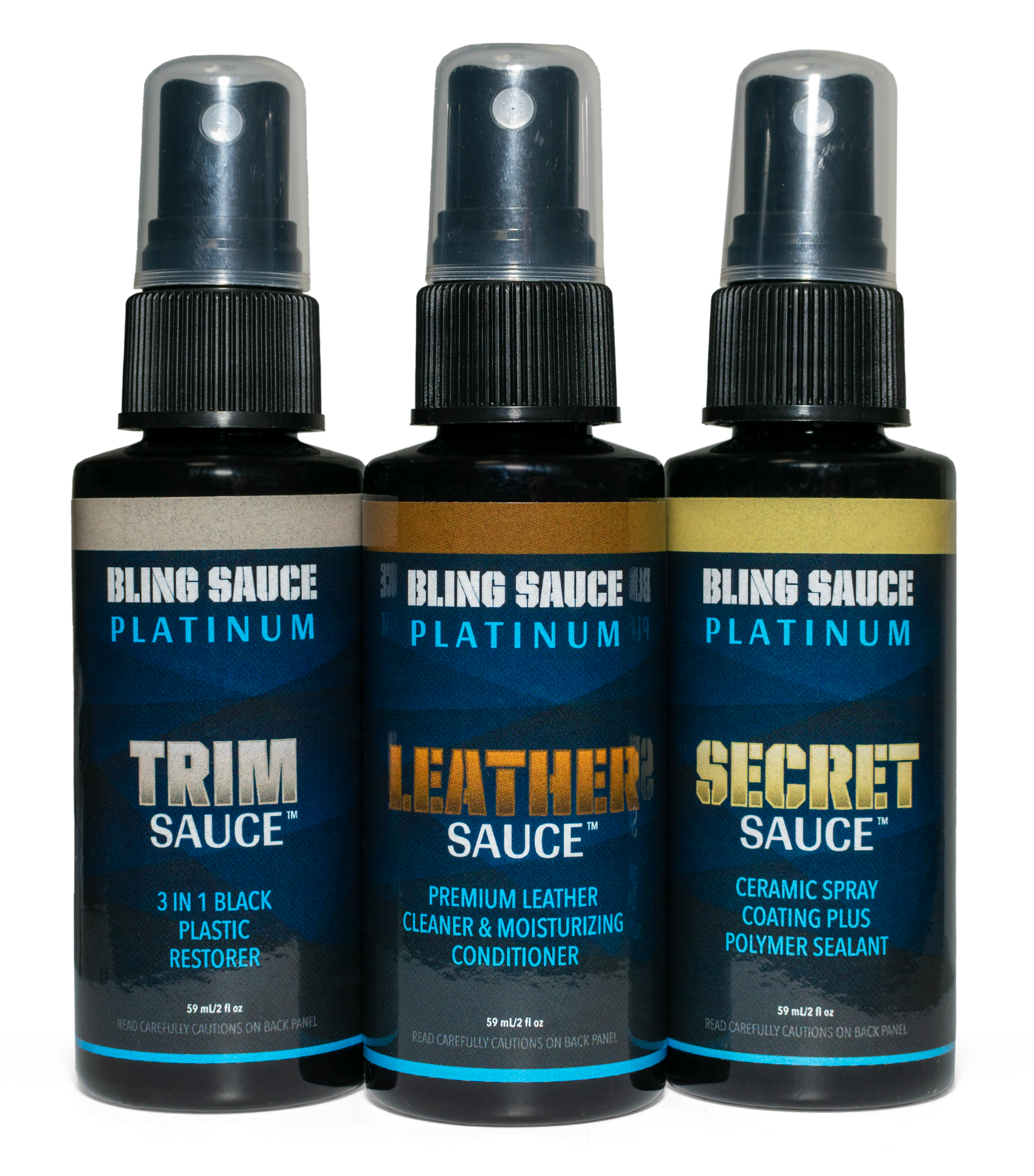 Platinum 3-Pack Sample Kit featuring Trim Sauce, Leather Sauce, and Secret Sauce in spray bottles for automotive care.