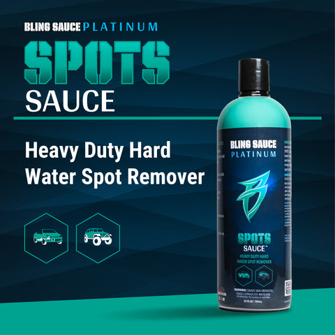 Bottle of Bling Sauce Platinum Spots Sauce, a heavy-duty water spot remover for vehicles, featuring a sleek design.