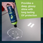 Fusion Sauce bottle being poured onto a car surface, showcasing its glossy shine and UV protection benefits.