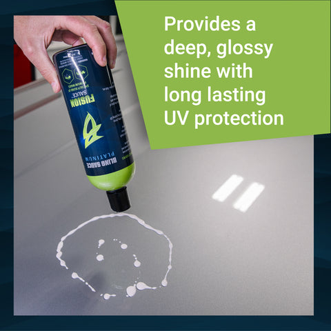 Fusion Sauce bottle being poured onto a car surface, showcasing its glossy shine and UV protection benefits.