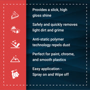 Speed Sauce offers a high gloss shine, removes dirt and grime, and repels dust with easy spray-on application.