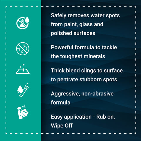 Spots Sauce effectively removes water spots from paint, glass, and polished surfaces with a powerful, non-abrasive formula.