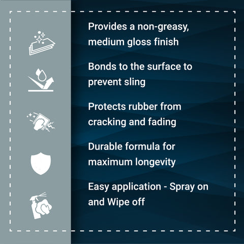 Tire Sauce features a non-greasy finish, protects rubber from fading, and offers easy spray-on application.