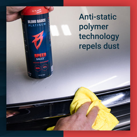 A person applies Speed Sauce with a yellow cloth to a car surface, showcasing its anti-static polymer technology that repels dust.