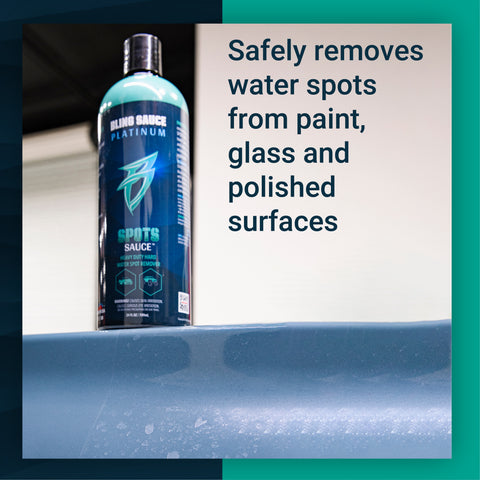 Bling Sauce Spots Sauce bottle displayed next to a vehicle surface, highlighting its water spot removal capabilities.