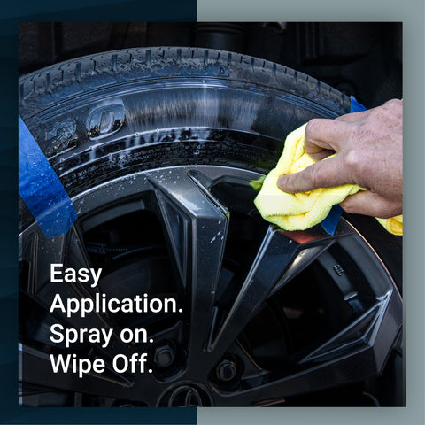 Tire Sauce application process showing a hand spraying product on a tire and wiping it with a microfiber cloth.