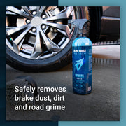 Bling Sauce Wheel Sauce bottle beside a car wheel, designed to remove brake dust, dirt, and road grime safely.