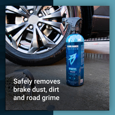 Bling Sauce Wheel Sauce bottle beside a car wheel, designed to remove brake dust, dirt, and road grime safely.