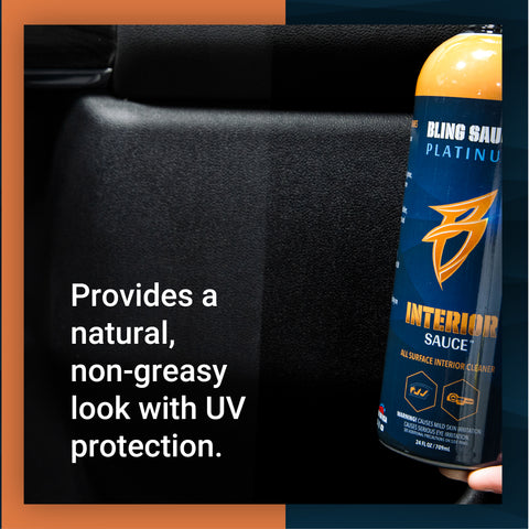 Bling Sauce Interior Sauce bottle showcasing a non-greasy interior cleaner with UV protection for vehicle surfaces.