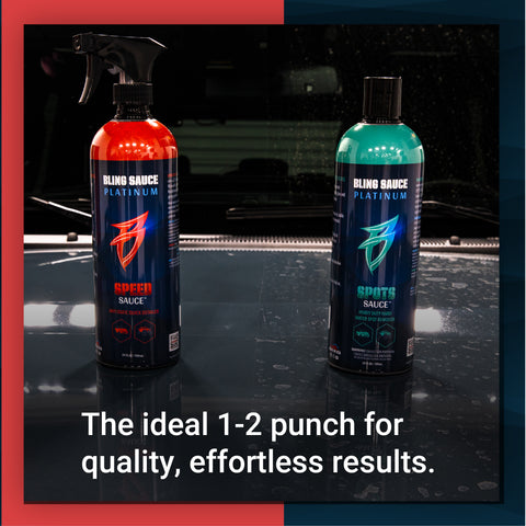 Speed Sauce and Spot Sauce bottles on a car hood, showcasing premium vehicle cleaning for effortless detailing results.