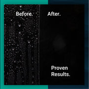 Before and after image showcasing Spots Sauce's effectiveness in eliminating water spots on a glossy surface.
