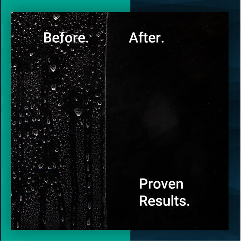 Before and after image showcasing Spots Sauce's effectiveness in eliminating water spots on a glossy surface.