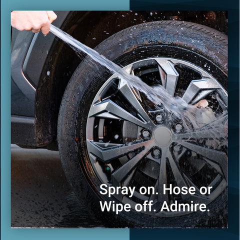 Premium Wheel Sauce being sprayed onto a shiny wheel, showcasing effortless cleaning and detailing for vehicles.