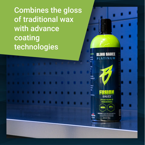 Bling Sauce Fusion Sauce bottle showcasing advanced wax technology for a glossy vehicle finish. Ideal for car enthusiasts.