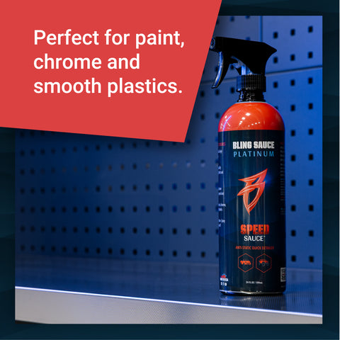 Speed Sauce bottle on a shelf, designed for quick detailing of paint, chrome, and smooth plastics.