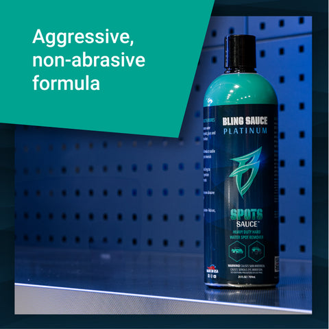 Bling Sauce Spots Sauce bottle on a shelf, featuring an aggressive, non-abrasive formula for heavy water spot removal.