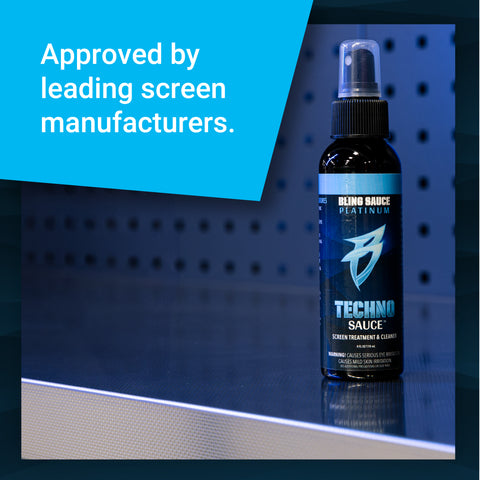 Techno Sauce screen treatment and cleaner bottle on a metallic surface, showcasing its premium quality and manufacturer approval.