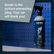 Premium Tire Sauce spray bottle designed to bond with tires, preventing sling for a clean, professional finish.