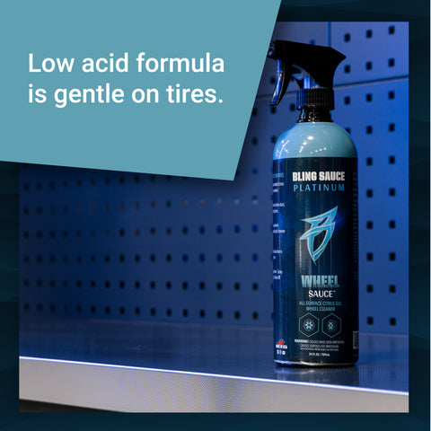 Bling Sauce Wheel Sauce bottle on a shelf, featuring a low acid formula designed to gently clean tires.