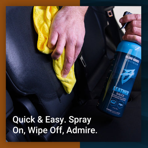 Premium leather cleaner and conditioner being applied to a car seat with a microfiber cloth for easy maintenance.