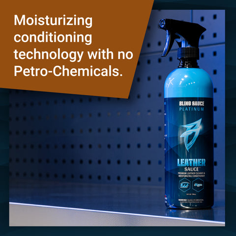 Premium Leather Sauce spray bottle showcasing moisturizing conditioning technology without petro-chemicals.