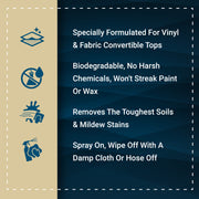 Topless Sauce product features for cleaning vinyl and fabric convertible tops, highlighting its biodegradable formula and stain removal.