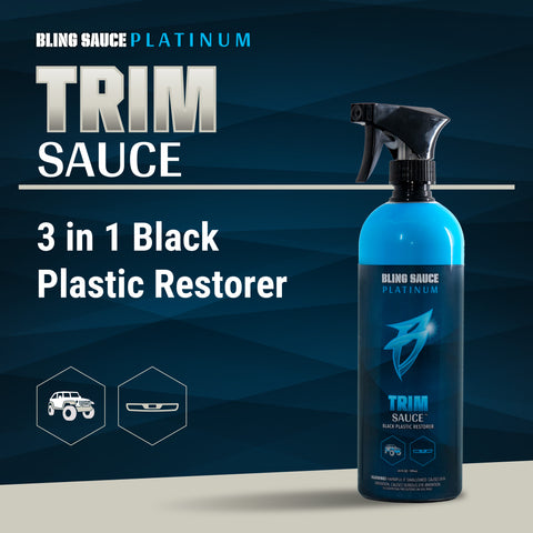 Bling Sauce Trim Sauce 3-in-1 black plastic restorer in a spray bottle for vehicle detailing and restoration.