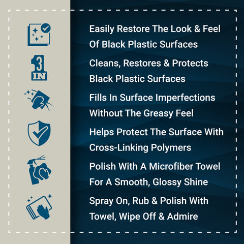 Trim Sauce product features for restoring and protecting black plastic surfaces, ensuring a glossy finish without greasiness.
