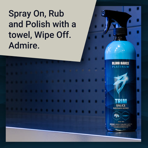 Premium Trim Sauce bottle for restoring black plastic surfaces, showcasing easy application and impressive results.