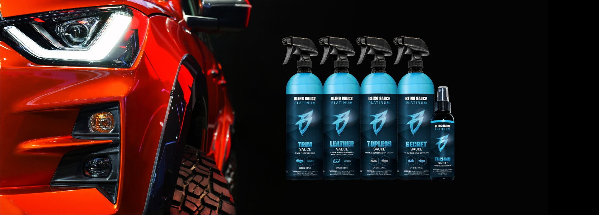 Premium automotive detailing sprays with triggers, including trim, leather, topless, secret, and tech spray bottles.